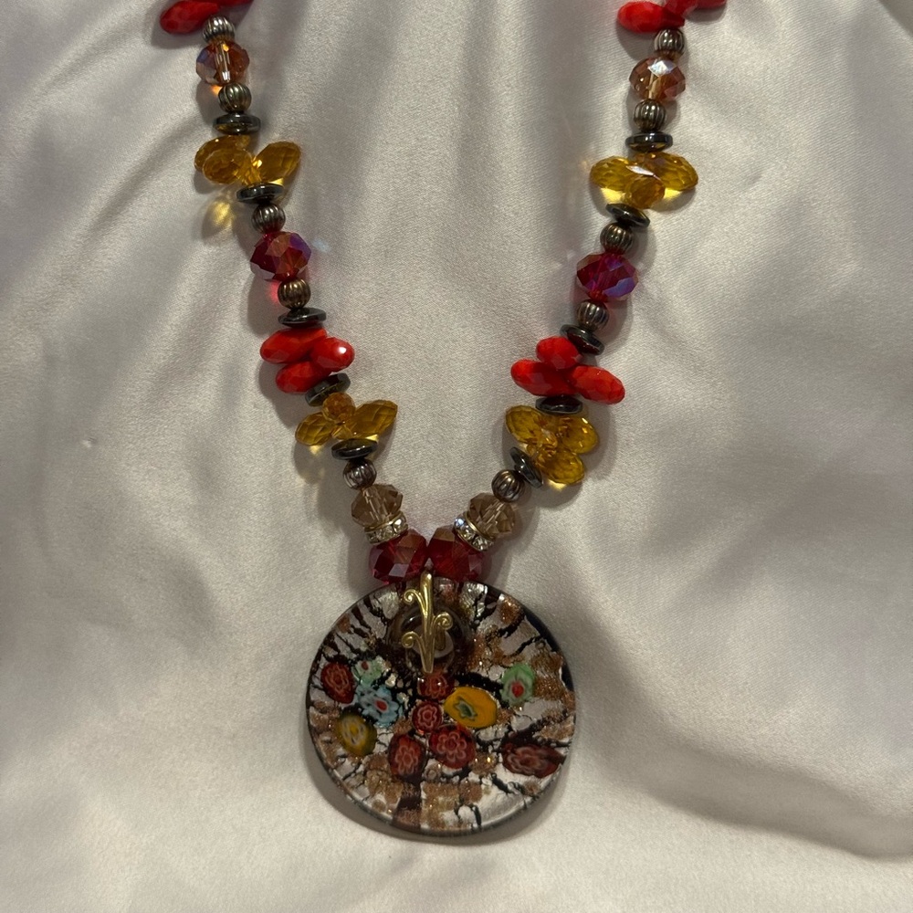 Vintage Millifiore Dichroic Art Glass Beaded Necklace with Circular Pendant